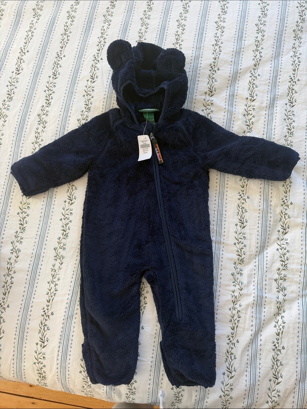 L.L. Bean Navy Plush Baby One-Piece with Bear Hood